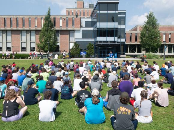 George N Parks Drum Major Academy at Westfield State University Summer 2023. Group of sitting in front of Ely Campus Center.