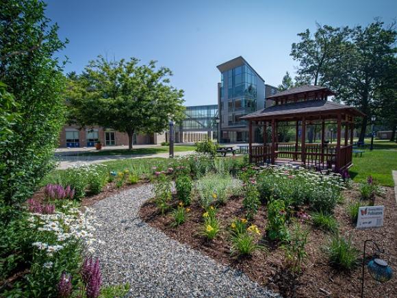 Meditation garden with a pathway of flowers.