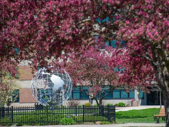 A stock photo of the campus globe. From the angle of the camera, red-flowered trees frame the top part of the globe itself. 