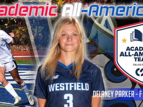 Delaney Parker, named the 2024 College Sports Communicators (CSC) Academic All-American women's soccer team. The visual graphic depicts Parker in her blue uniform and also shows her on the Owls athletic field.