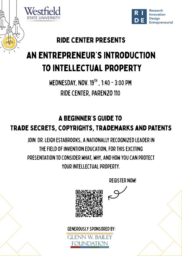 Lightbulbs hanging, "ride center presents an entrepreneurs introduction to intellectual property" wednesday, nov. 19th from 1:40-3ppm; a beginners guide to trade secrets, copyrights, trademarks and patents; link to register