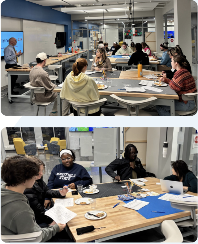 innovate413 workshop in RIDE Center, students working at tables