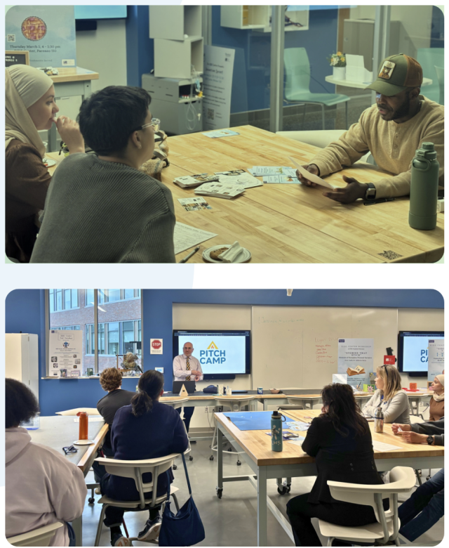 students working in RIDE Center during pitchcamp workshop, watching presentation 