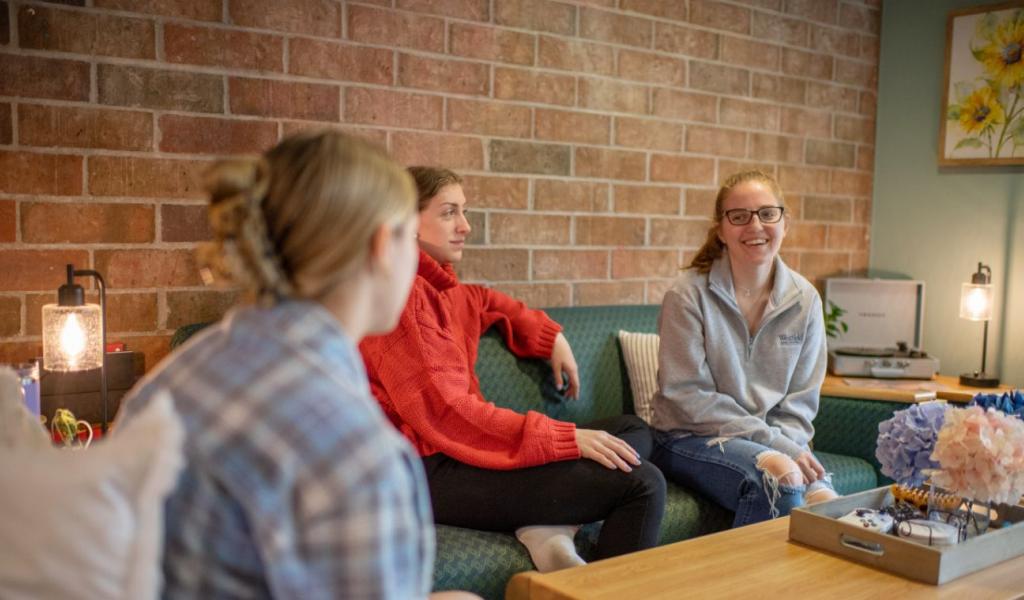 Three students relax and converse while sitting in a shared living room.