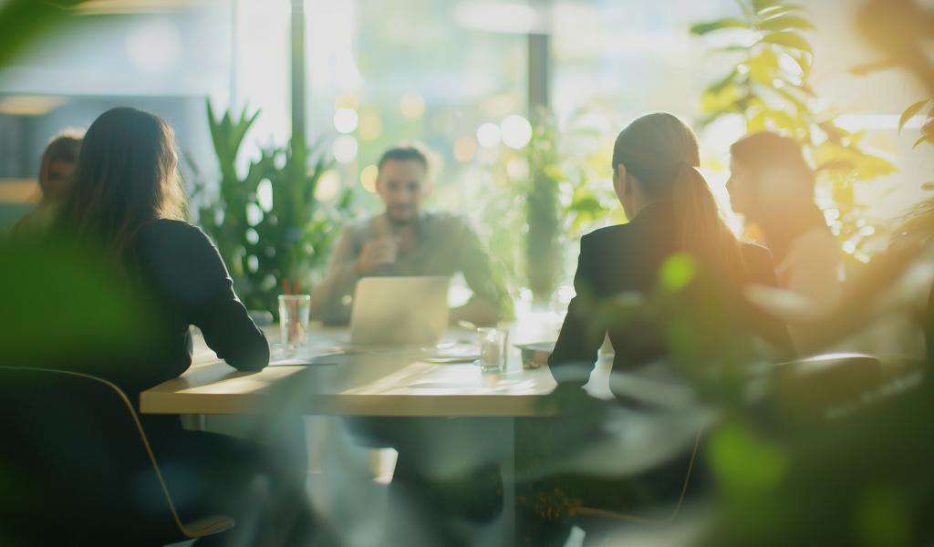 Employees seated around a table in discussion.